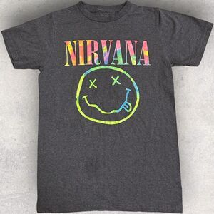 Nirvana Dark Gray T-Shirt colorful Smiley Face Logo‎ size Extra Small Unisex XS